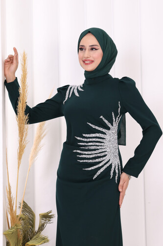 Omuz ve Bel Kısmı Taş Detaylı Abiye Elbise 3909 Zümrüt - 4