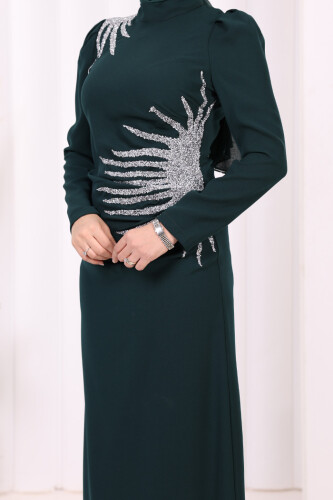 Omuz ve Bel Kısmı Taş Detaylı Abiye Elbise 3909 Zümrüt - 5