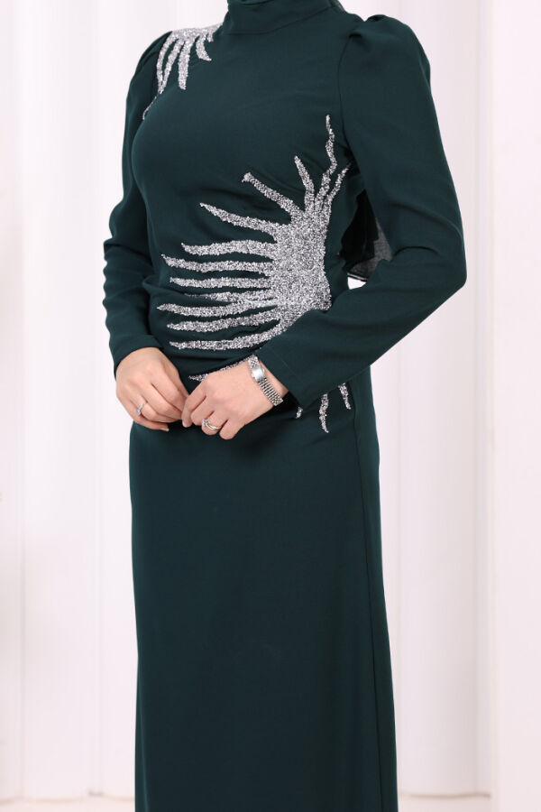 Omuz ve Bel Kısmı Taş Detaylı Abiye Elbise 3909 Zümrüt - 5