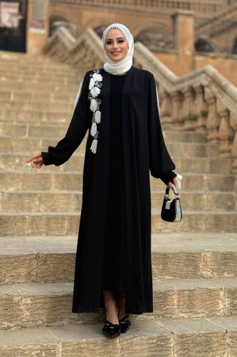 Çiçek İşleme Detay Abaya 3914 Siyah - Bym Fashion