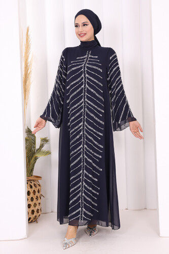 Taş Detaylı Abiye Elbise 3915 Lacivert - Bym Fashion