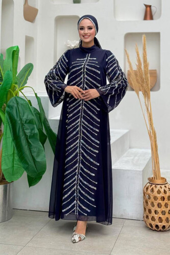 Taş Detaylı Abiye Elbise 3915 Lacivert - Bym Fashion