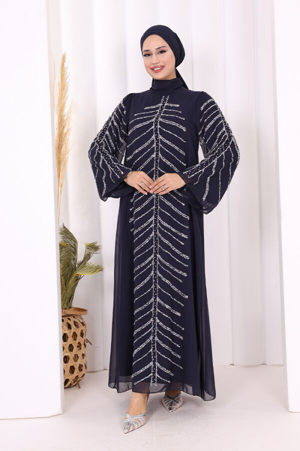 Taş Detaylı Abiye Elbise 3915 Lacivert - 2