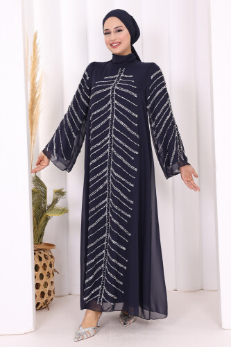 Taş Detaylı Abiye Elbise 3915 Lacivert - 3