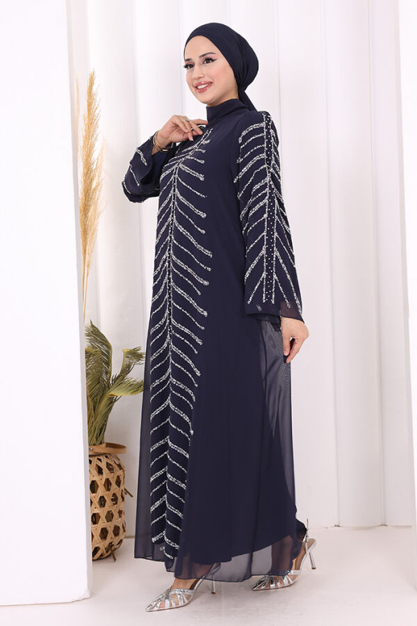 Taş Detaylı Abiye Elbise 3915 Lacivert - 4