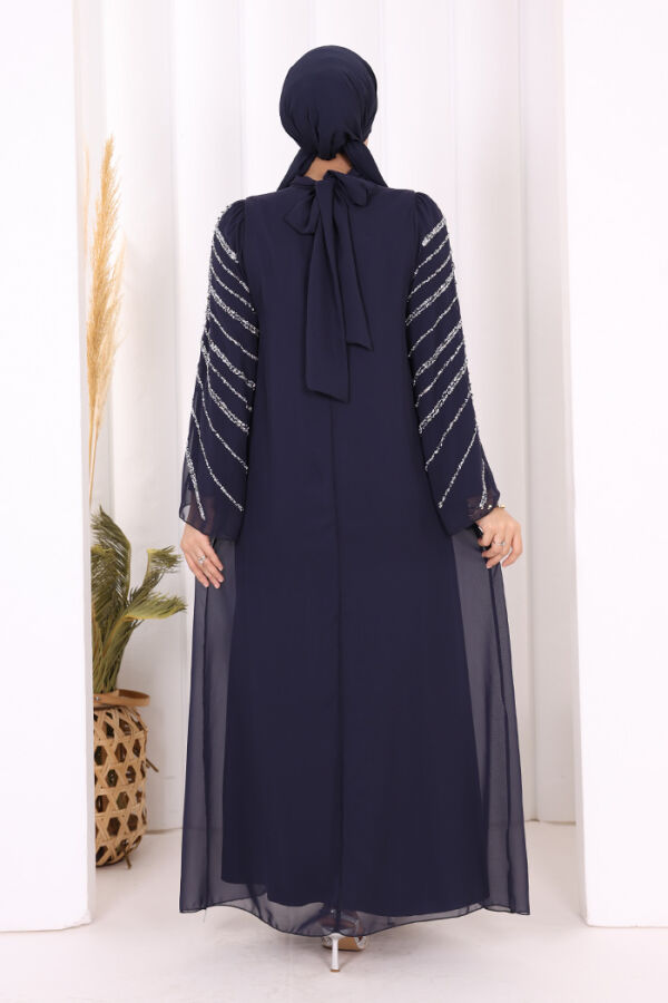 Taş Detaylı Abiye Elbise 3915 Lacivert - 5