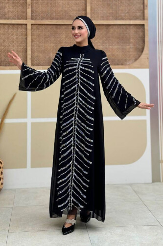 Taş Detaylı Abiye Elbise 3915 Siyah - Bym Fashion