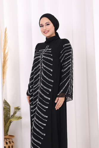 Taş Detaylı Abiye Elbise 3915 Siyah - 5
