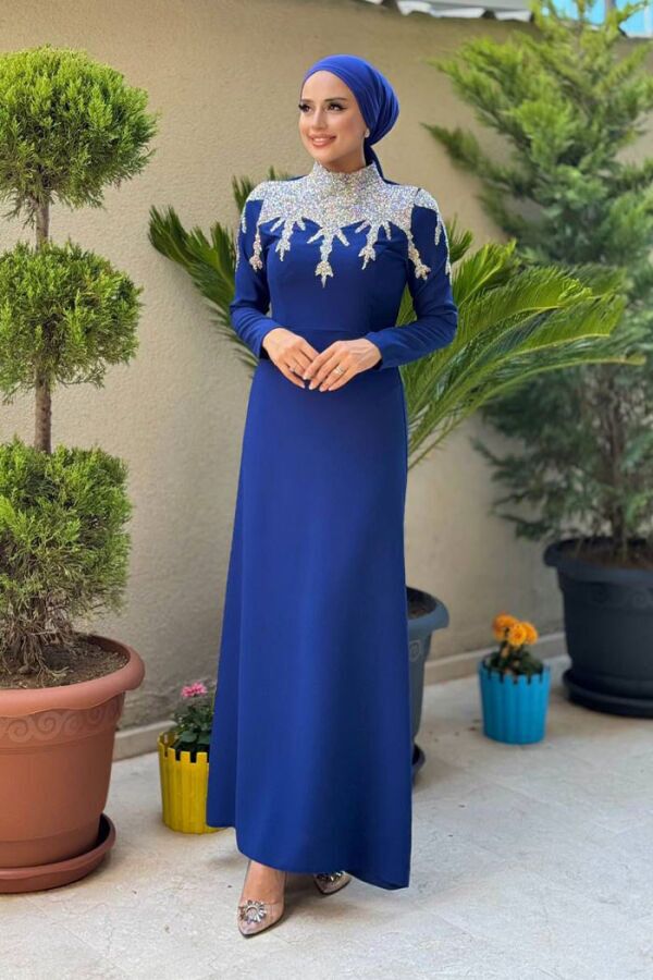 Taş Detaylı Abiye Elbise 3916 Lacivert - 1