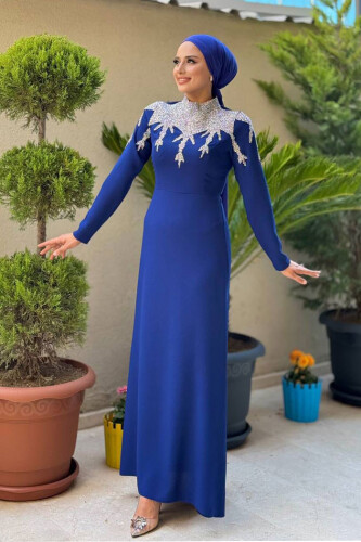 Taş Detaylı Abiye Elbise 3916 Lacivert - 3