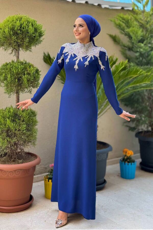 Taş Detaylı Abiye Elbise 3916 Lacivert - 3