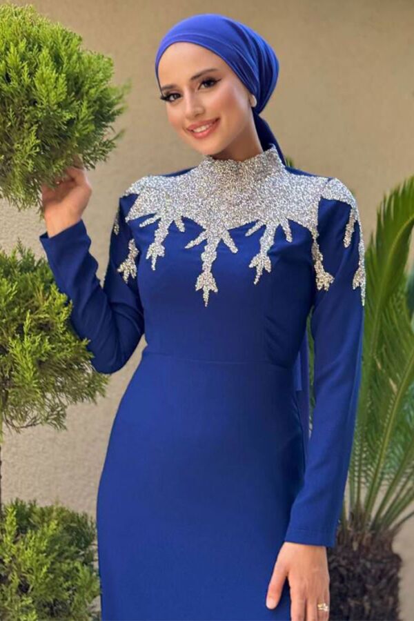 Taş Detaylı Abiye Elbise 3916 Lacivert - 4