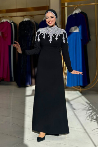 Taş Detaylı Abiye Elbise 3916 Siyah - Bym Fashion