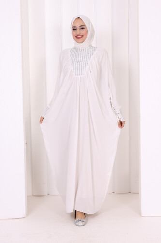 Taş Detaylı Yarasakol Elbise 3917 Ekru - Bym Fashion
