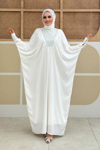 Taş Detaylı Yarasakol Elbise 3917 Ekru - Bym Fashion