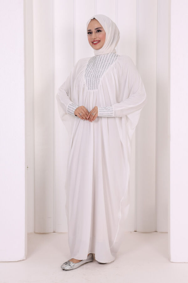 Taş Detaylı Yarasakol Elbise 3917 Ekru - 2