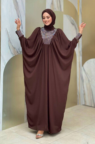 Taş Detaylı Yarasakol Elbise 3917 Kahverengi - Bym Fashion