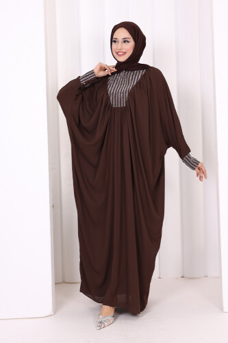 Taş Detaylı Yarasakol Elbise 3917 Kahverengi - 1