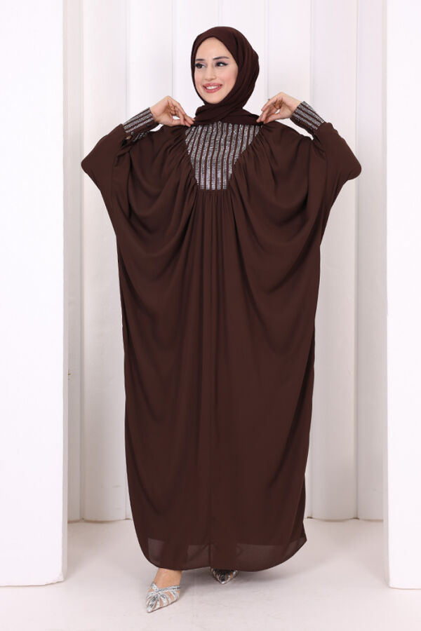 Taş Detaylı Yarasakol Elbise 3917 Kahverengi - 2