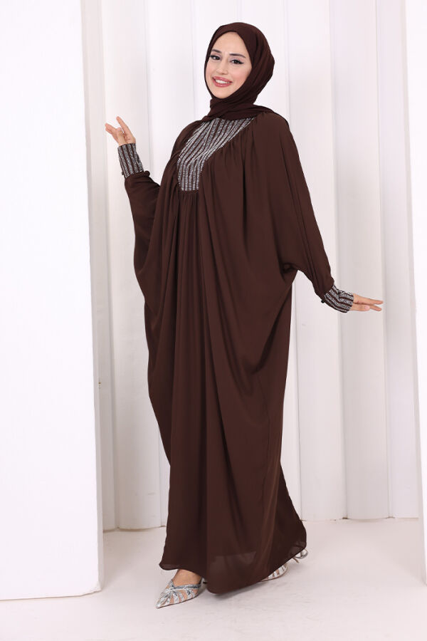 Taş Detaylı Yarasakol Elbise 3917 Kahverengi - 3