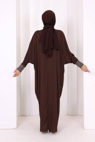 Taş Detaylı Yarasakol Elbise 3917 Kahverengi - 4