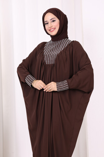 Taş Detaylı Yarasakol Elbise 3917 Kahverengi - 5