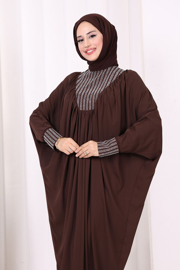 Taş Detaylı Yarasakol Elbise 3917 Kahverengi - 5