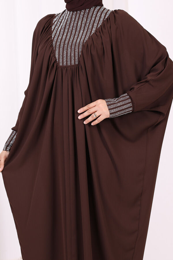 Taş Detaylı Yarasakol Elbise 3917 Kahverengi - 6