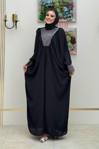 Taş Detaylı Yarasakol Elbise 3917 Siyah - Bym Fashion