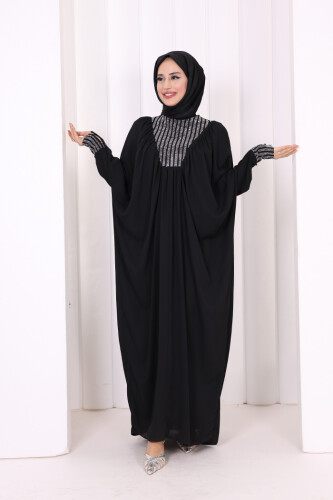 Taş Detaylı Yarasakol Elbise 3917 Siyah - Bym Fashion