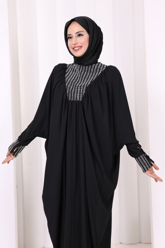 Taş Detaylı Yarasakol Elbise 3917 Siyah - 4