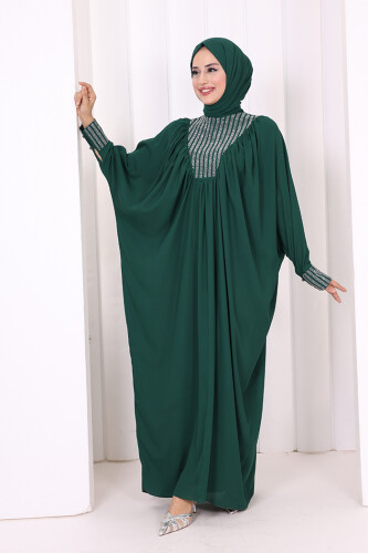 Taş Detaylı Yarasakol Elbise 3917 Zümrüt - Bym Fashion