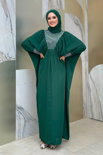 Taş Detaylı Yarasakol Elbise 3917 Zümrüt - Bym Fashion