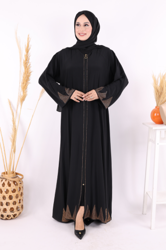 Taş Detaylı Fermuarlı Ferace 3918 Siyah-Gold - Bym Fashion