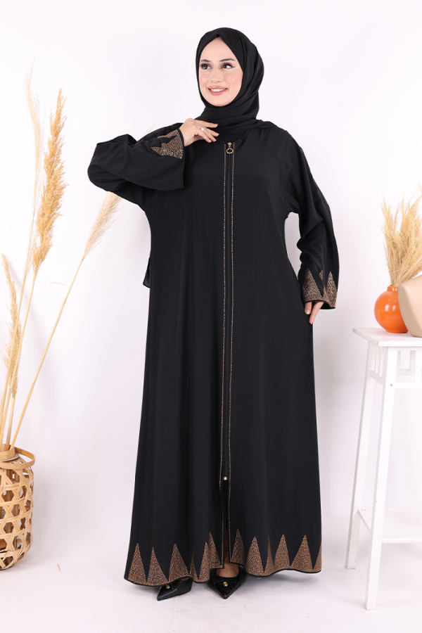 Taş Detaylı Fermuarlı Ferace 3918 Siyah-Gold - 2