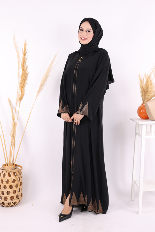 Taş Detaylı Fermuarlı Ferace 3918 Siyah-Gold - 3