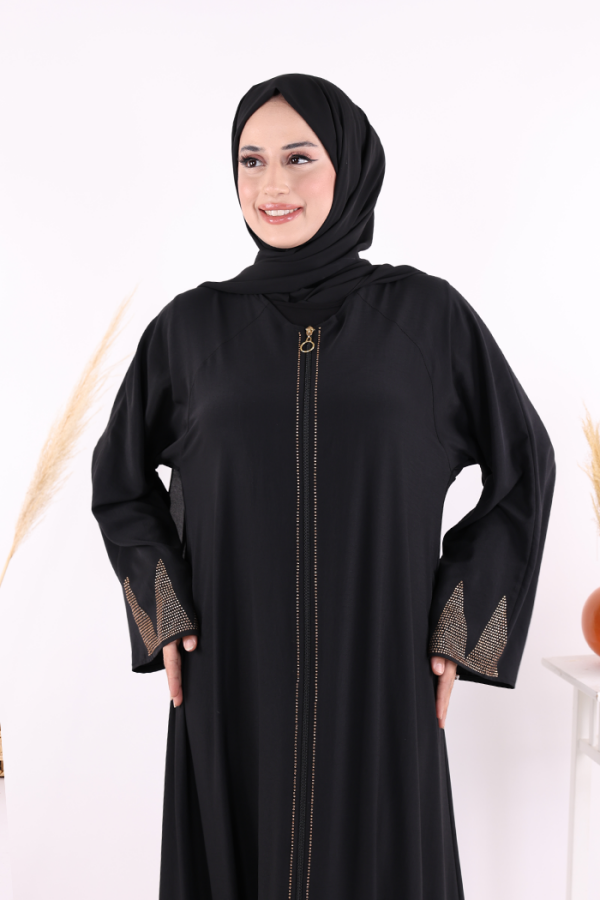 Taş Detaylı Fermuarlı Ferace 3918 Siyah-Gold - 5