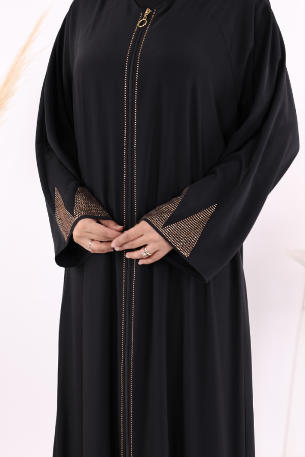 Taş Detaylı Fermuarlı Ferace 3918 Siyah-Gold - 6