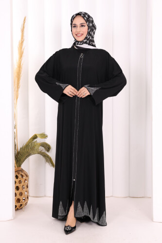 Taş Detaylı Fermuarlı Ferace 3918 Siyah-Gümüş 