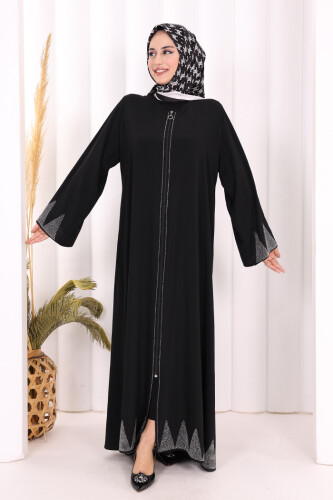 Taş Detaylı Fermuarlı Ferace 3918 Siyah-Gümüş - 2