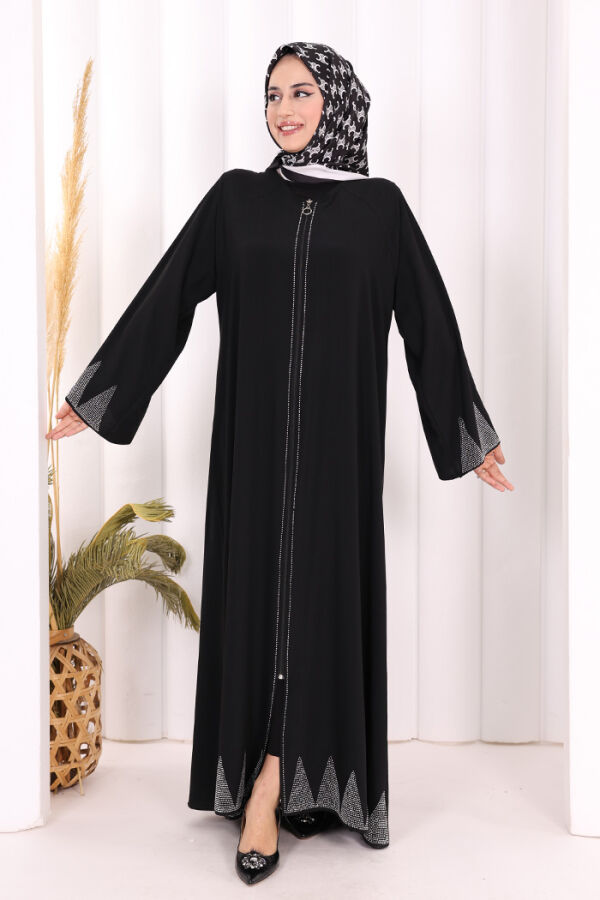 Taş Detaylı Fermuarlı Ferace 3918 Siyah-Gümüş - 2