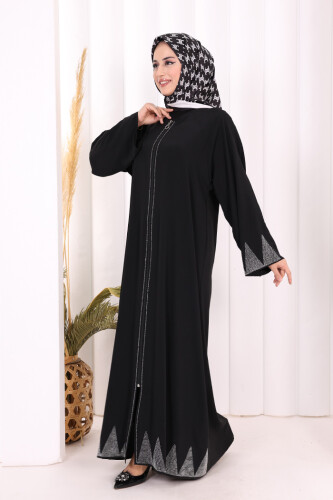 Taş Detaylı Fermuarlı Ferace 3918 Siyah-Gümüş - 3