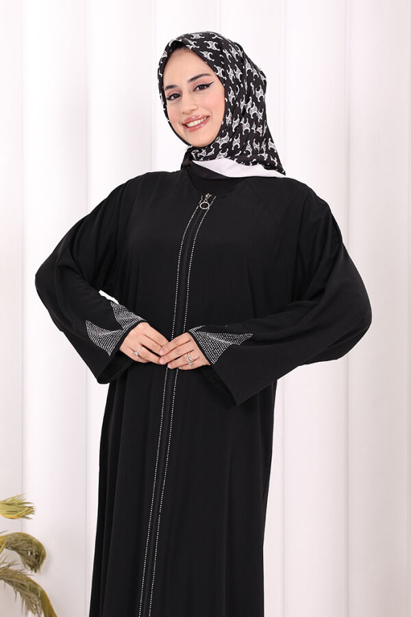 Taş Detaylı Fermuarlı Ferace 3918 Siyah-Gümüş - 5