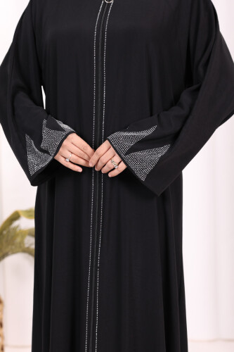 Taş Detaylı Fermuarlı Ferace 3918 Siyah-Gümüş - 6