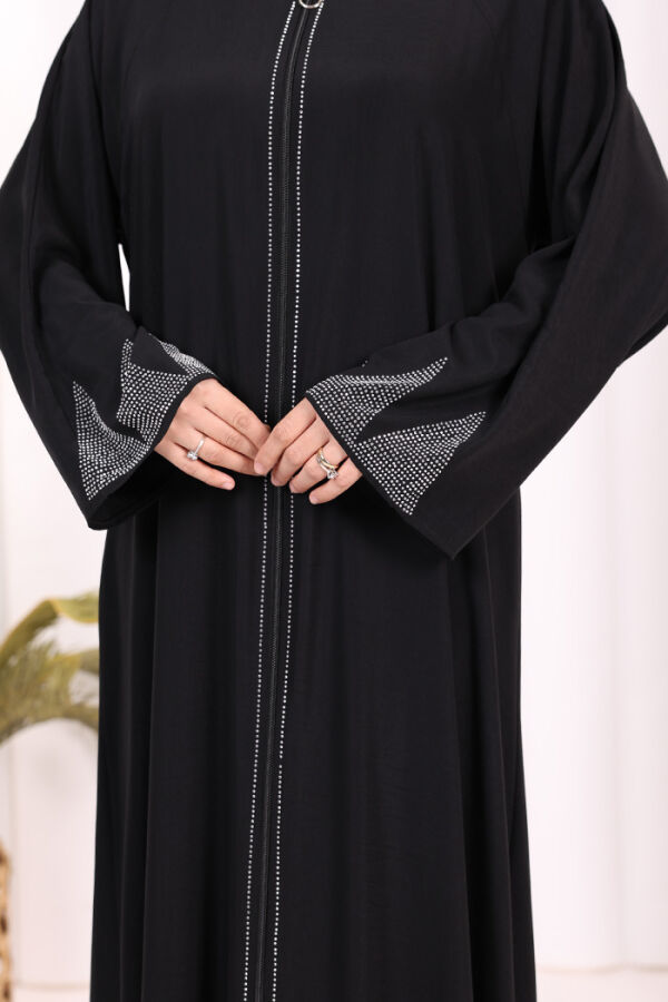 Taş Detaylı Fermuarlı Ferace 3918 Siyah-Gümüş - 6