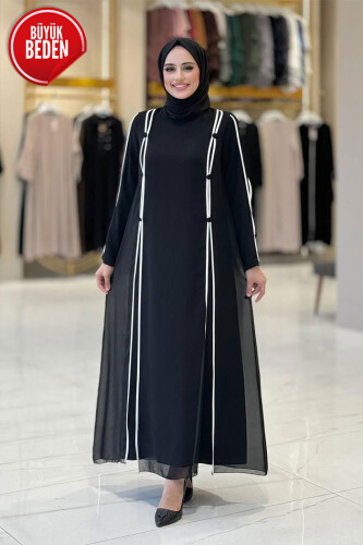 Büyük Beden Düğme Detaylı Elbise 3919-1 Siyah-Ekru - Bym Fashion