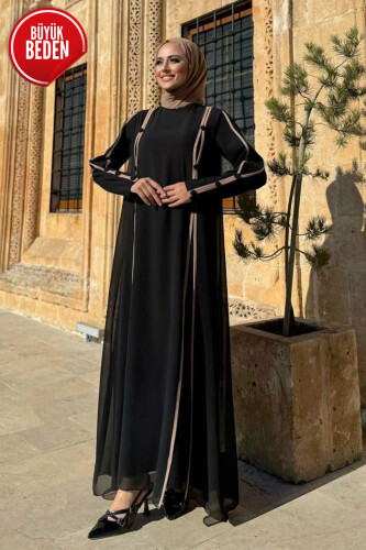 Büyük Beden Düğme Detaylı Elbise 3919-1 Siyah - Bym Fashion