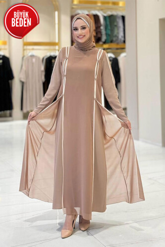 Büyük Beden Düğme Detaylı Elbise 3919-1 Vizon - Bym Fashion