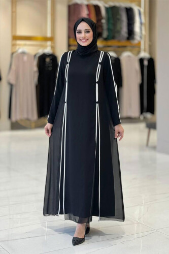 Düğme Detaylı Elbise 3919 Siyah-Ekru - Bym Fashion