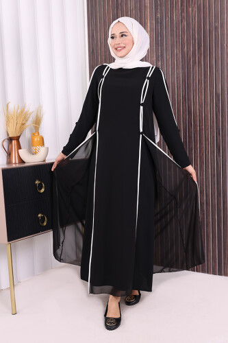 Düğme Detaylı Elbise 3919 Siyah-Ekru - Bym Fashion